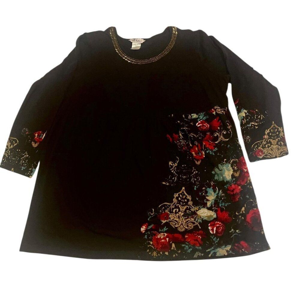 Ulla Popken Tunic Womens 16 18 Plus Black Floral Long Sleeve Beaded  Empire